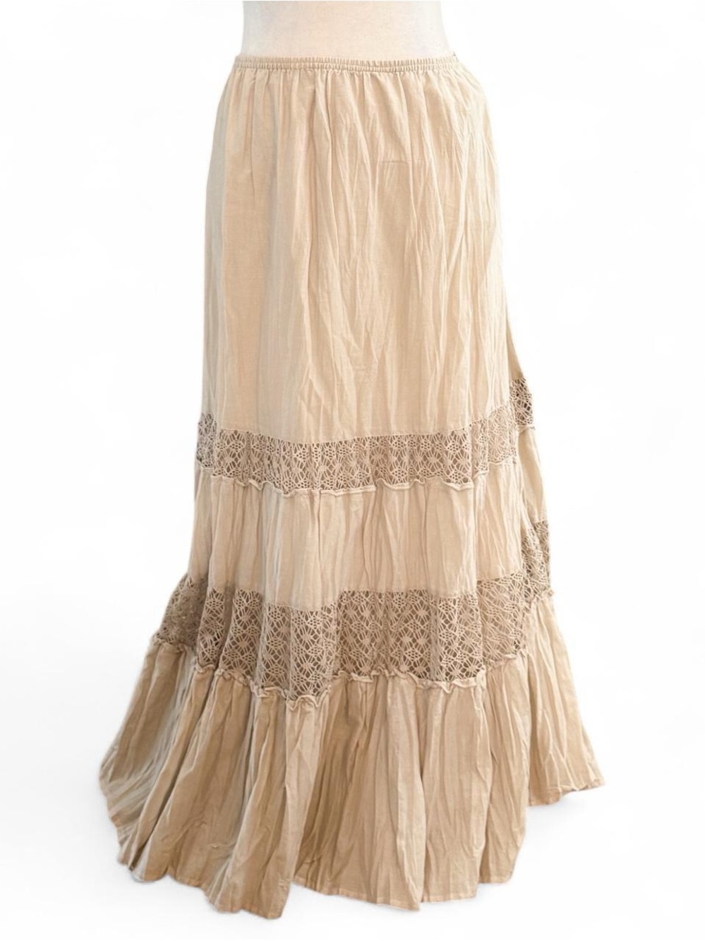 Style & Co Cream Beige Tiered Maxi Skirt Boho Crochet Lace Cotton